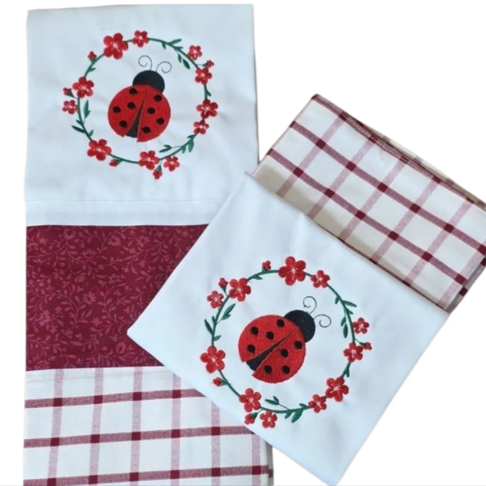 Handcrafted Embroidered Ladybug Gingham Hand Towels Set Of 2 18